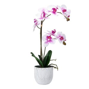 22 Inch Faux Orchid in White Leaf Pot. White and Fuchsia