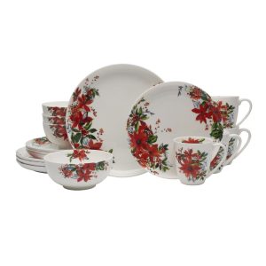 Winter Poinsettia 16 Piece Dinnerware Set. Service for 4