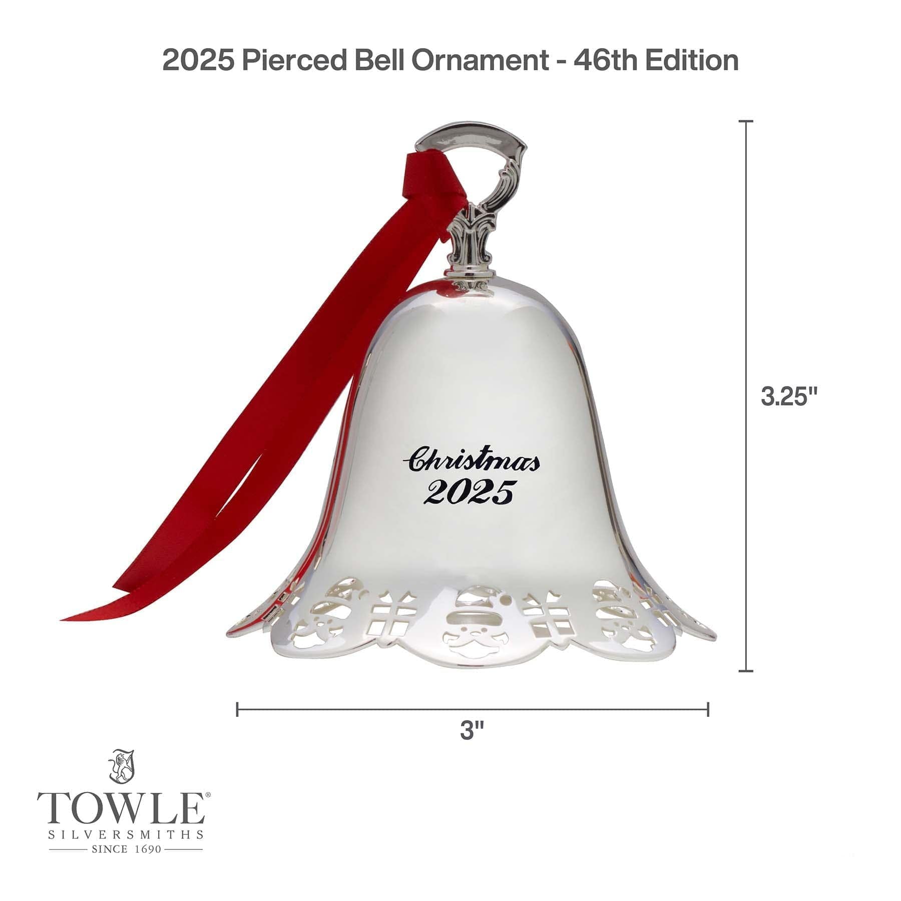 2025 Silver Plate Pierced Santa and Presents Bell Ornament 46th Edition - Image 3