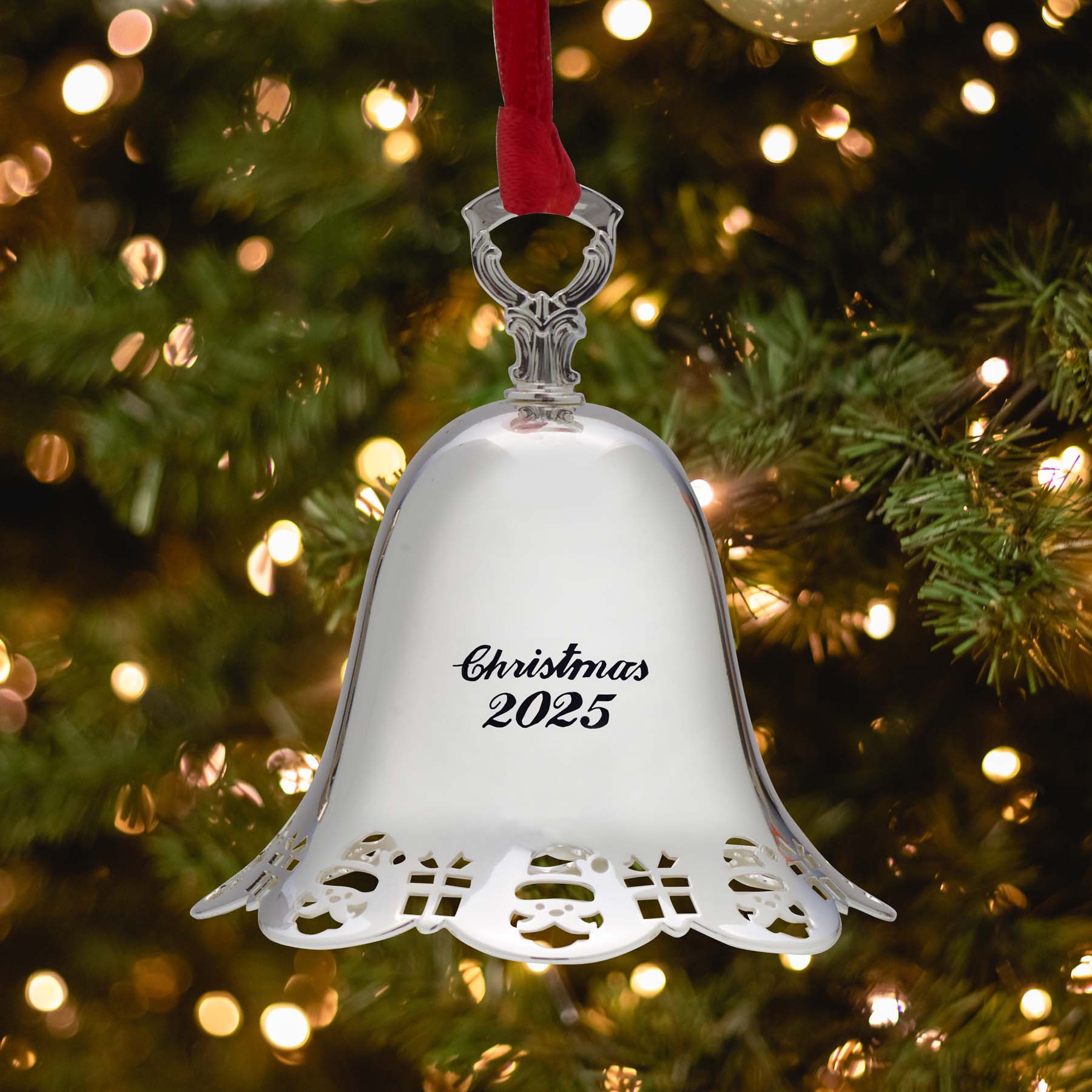 2025 Silver Plate Pierced Santa and Presents Bell Ornament 46th Edition - Image 2