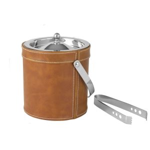 Faux Leather Stitched Ice Bucket with Tongs
