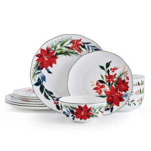 Merry Poinsettia 12 Piece Dinnerware Set. Service For 4