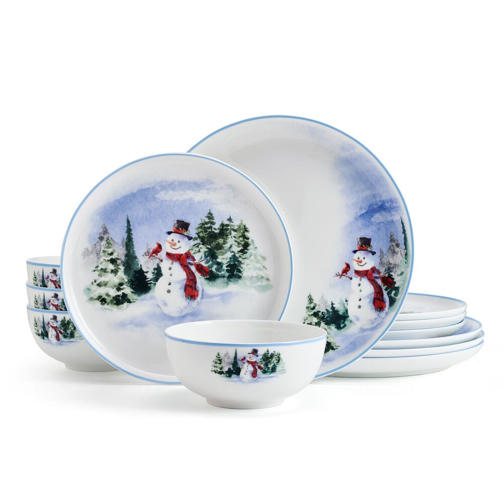 Snowman Forest 12 Piece Dinnerware Set. Service For 4