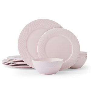 Trellis Pink 12 Piece Dinnerware Set. Service for 4