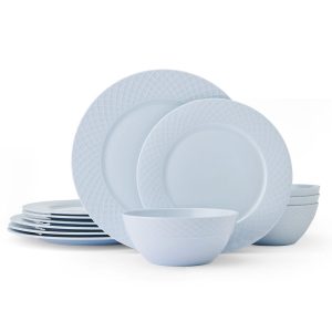 Trellis Misty Blue 12 Piece Dinnerware Set. Service for 4